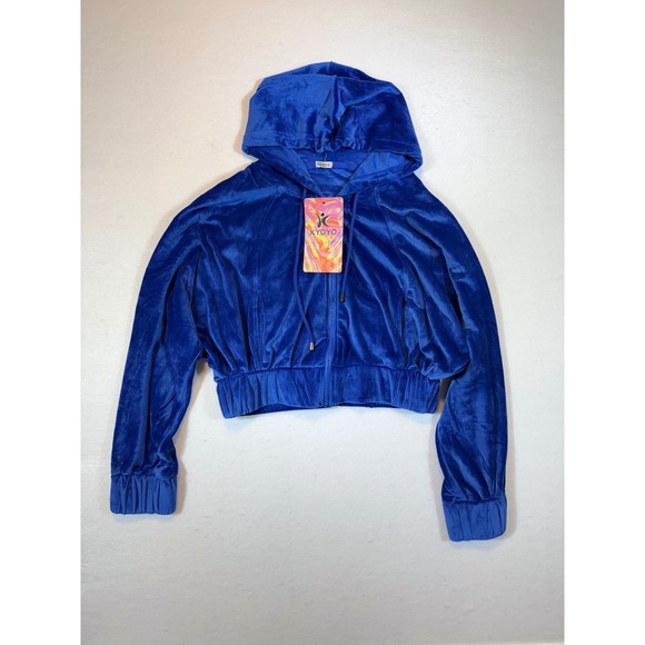 KYOYO Tops - KYOYO Blue Velour Zip Up Hoodie Crop Top Jacket Soft Cozy 4-Way Stretch
